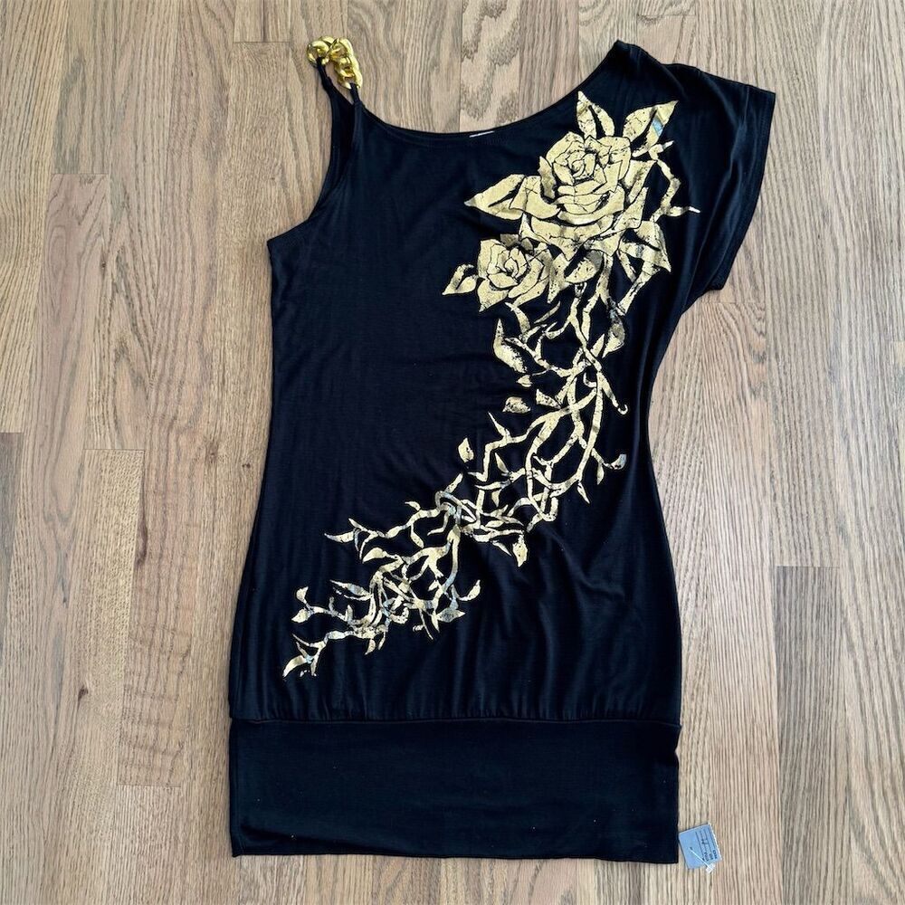 Misopé Black Embellished Asymmetrical Sleeveless Blouse with Gold Rose
